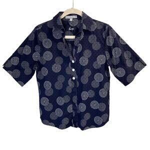 Foxcroft Shaped Fit Geometric Short Sleeve Collared Blouse Navy White Size 4